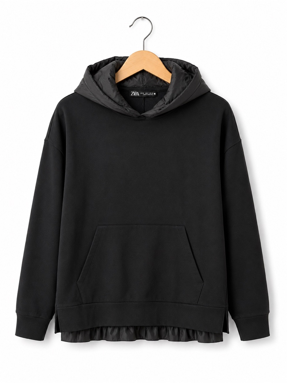 Zara Black Oversized Hoodie Satin Quilted Trim Pullover Size Large Athleisure